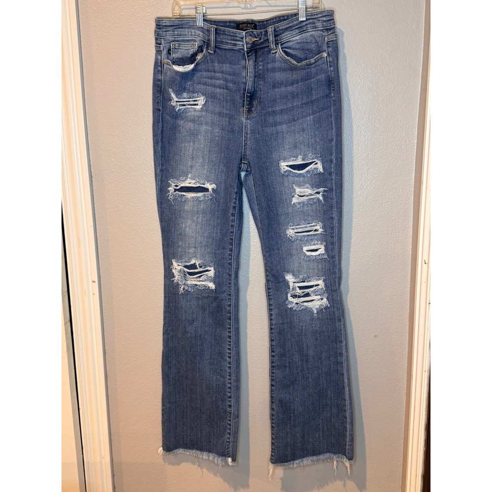 Judy Blue Destroyed High Rise Bootcut Flare Jeans Size 15 / 32 Raw Hem Stretch